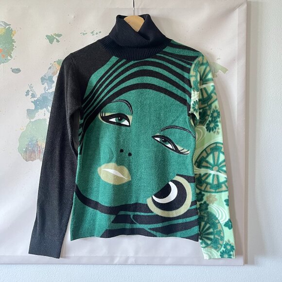 Custo Barcelona Sweaters - VTG Custo Barcelona Sweater Wool Face Beaded Y2K Turtleneck Green Small Medium